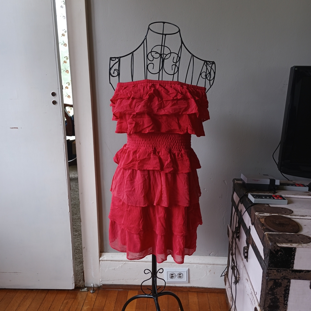 Wet Seal Y2K Coral/Salmon Red Dot Mesh Tiered Ruffle Mini Dress Stunner